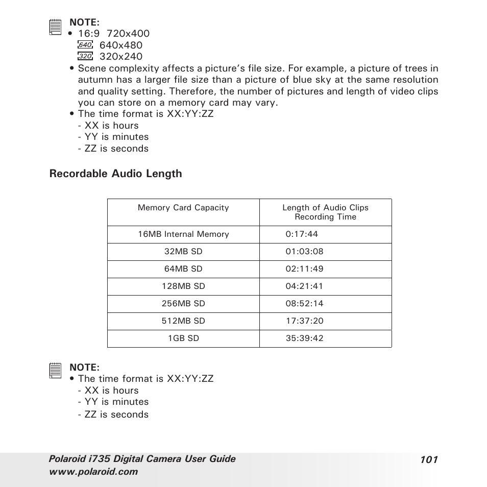 Recordable audio length | Polaroid i735 User Manual | Page 101 / 106