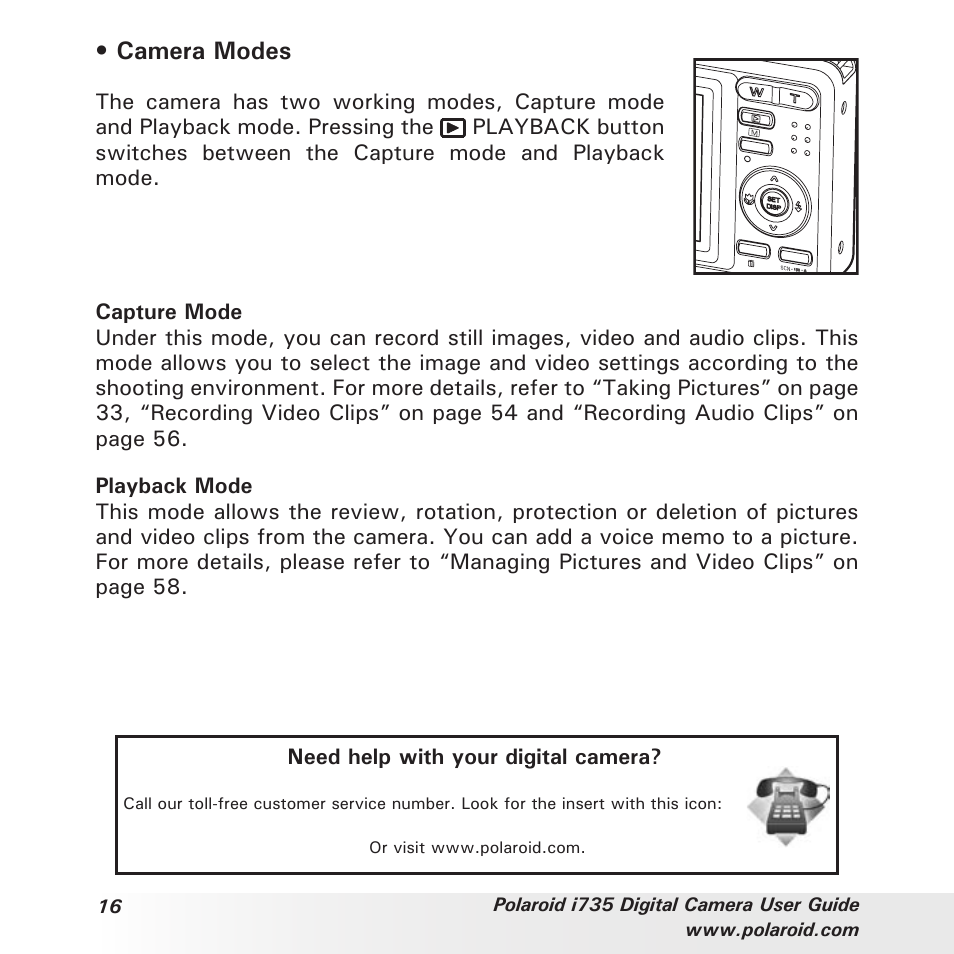 Camera modes | Polaroid i735 User Manual | Page 16 / 106