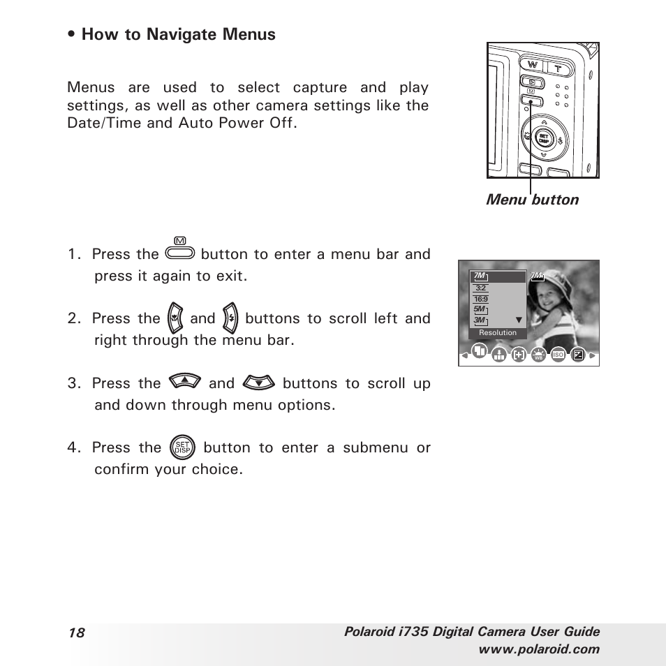 How to navigate menus | Polaroid i735 User Manual | Page 18 / 106