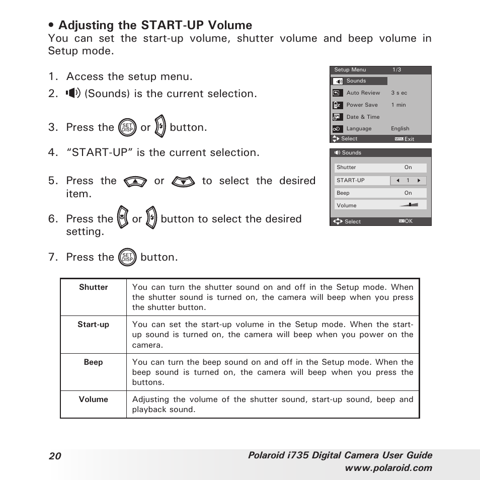 Adjusting the start-up volume | Polaroid i735 User Manual | Page 20 / 106