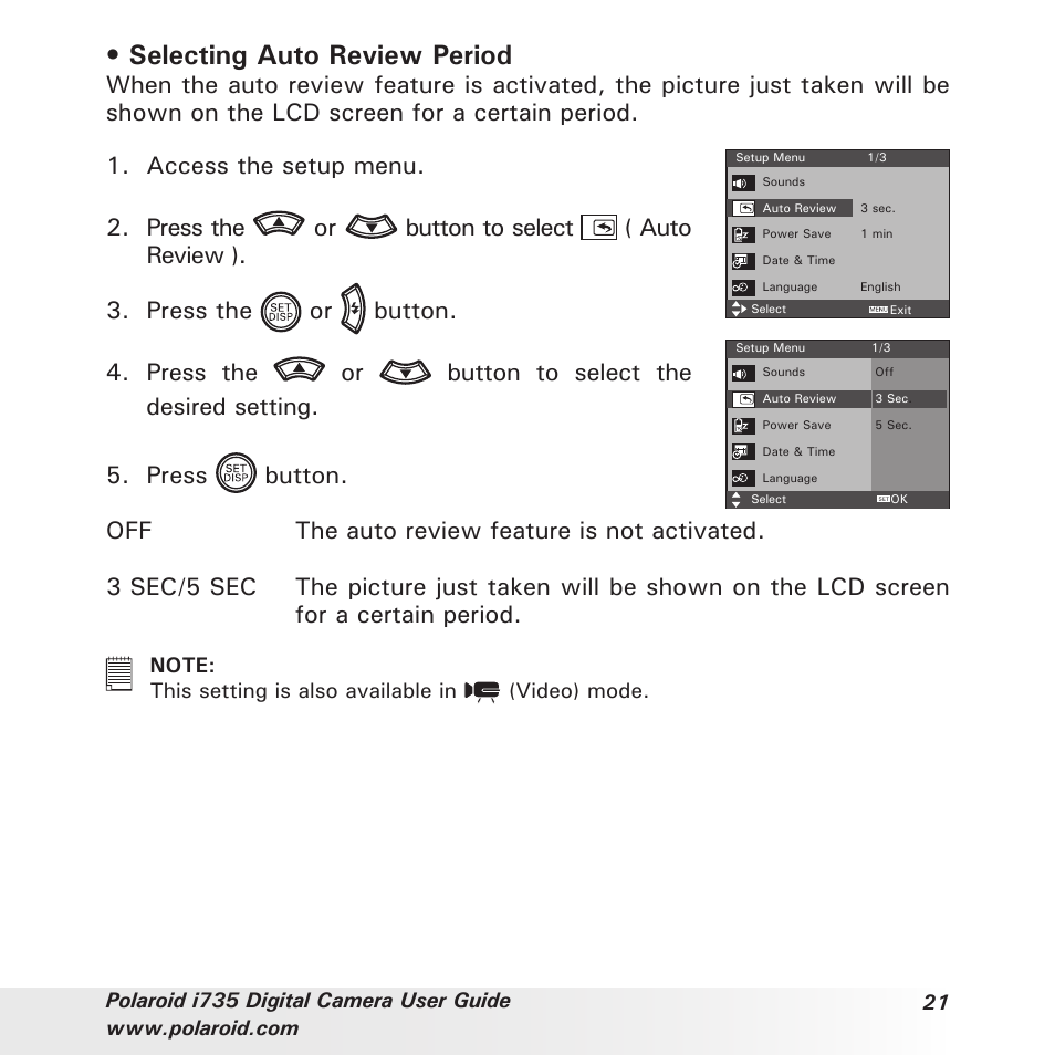 Selecting auto review period | Polaroid i735 User Manual | Page 21 / 106