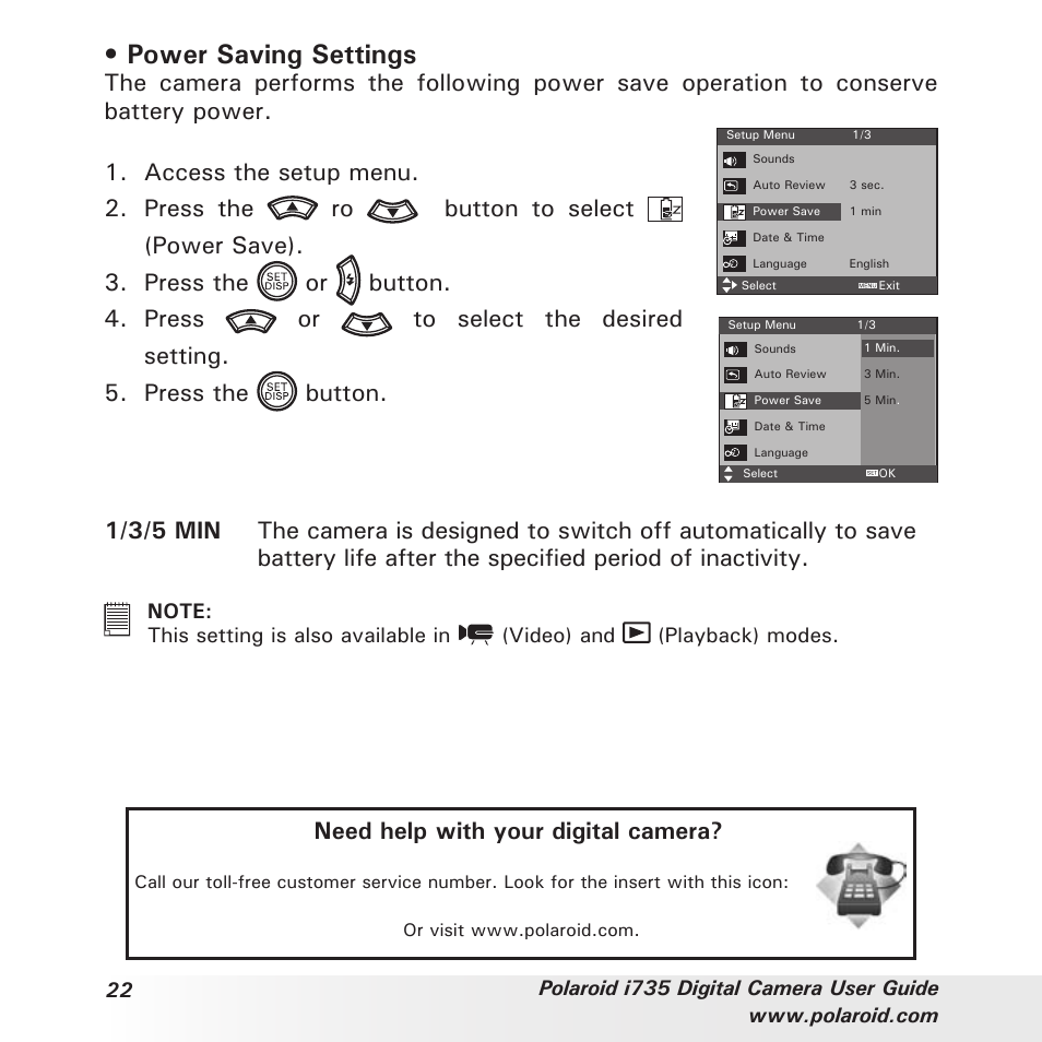Power saving settings, Need help with your digital camera | Polaroid i735 User Manual | Page 22 / 106