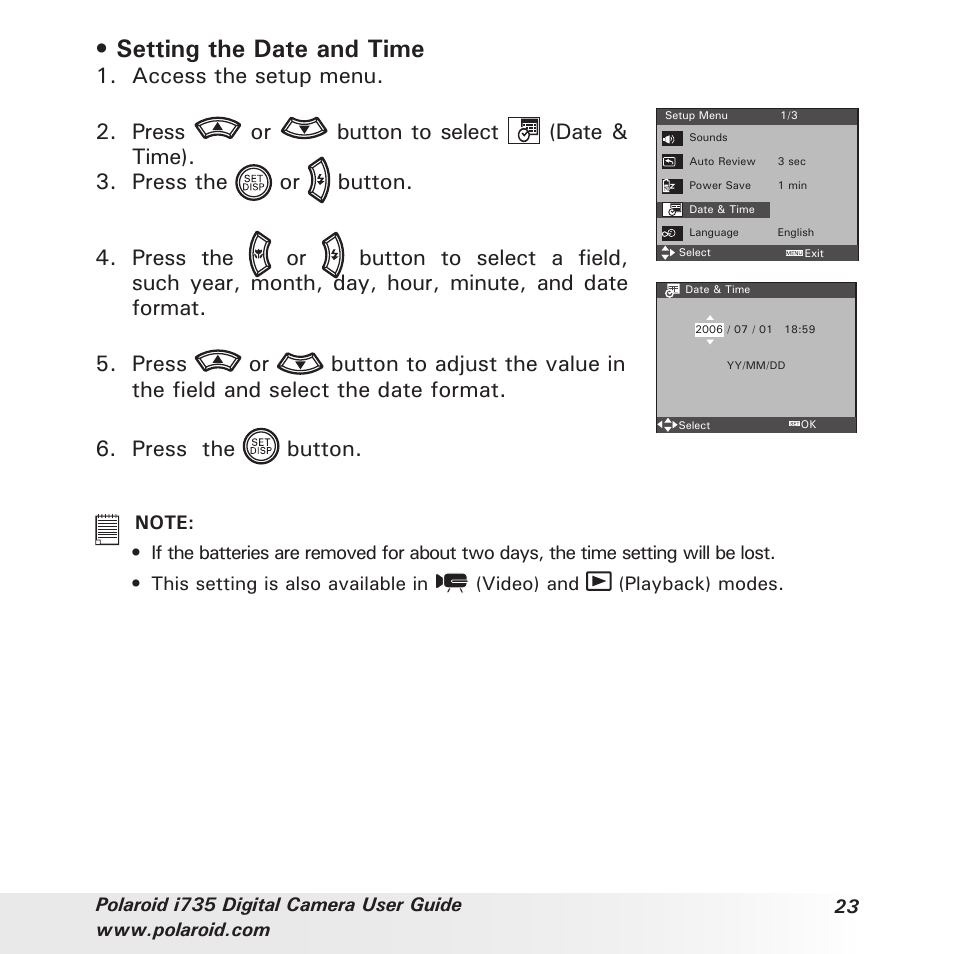 Setting the date and time, Access the setup menu | Polaroid i735 User Manual | Page 23 / 106