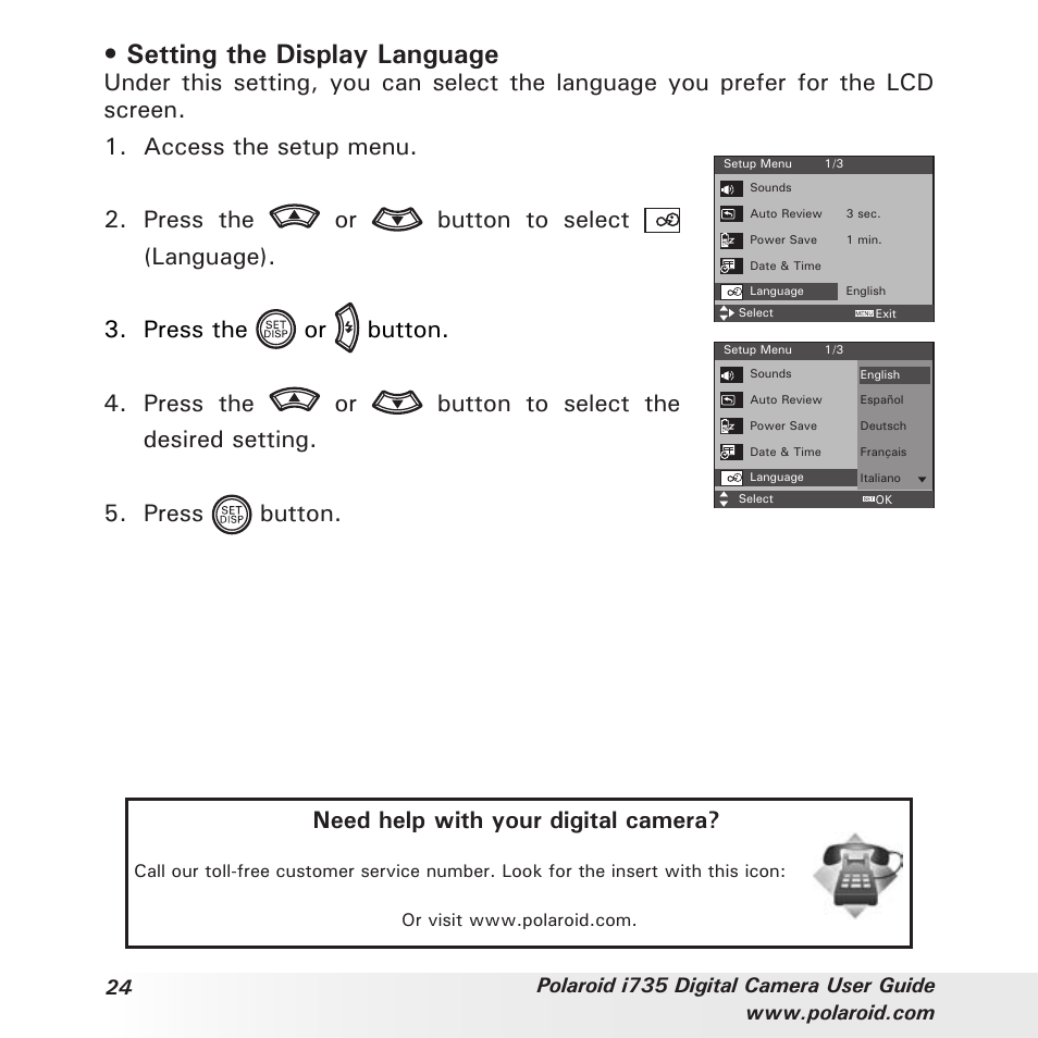 Setting the display language | Polaroid i735 User Manual | Page 24 / 106