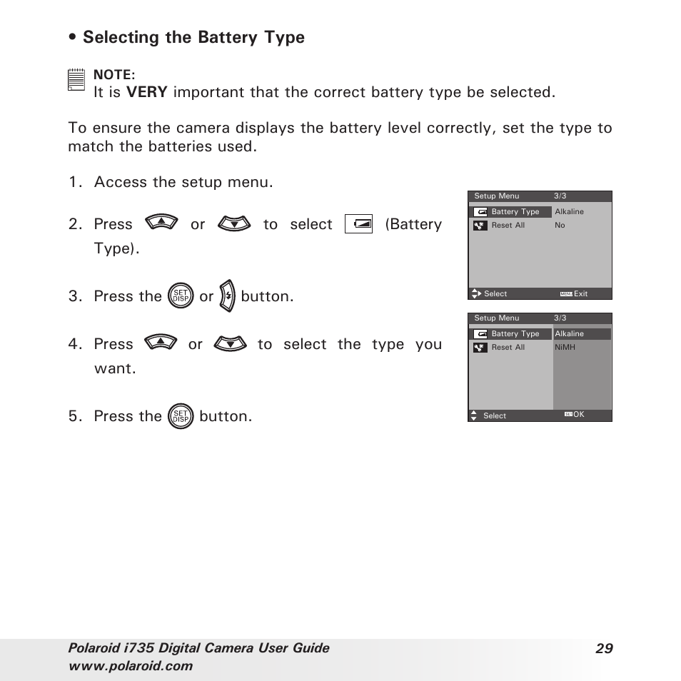 Selecting the battery type | Polaroid i735 User Manual | Page 29 / 106