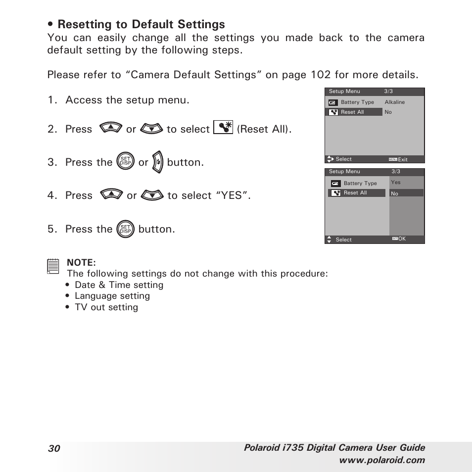 Resetting to default settings | Polaroid i735 User Manual | Page 30 / 106