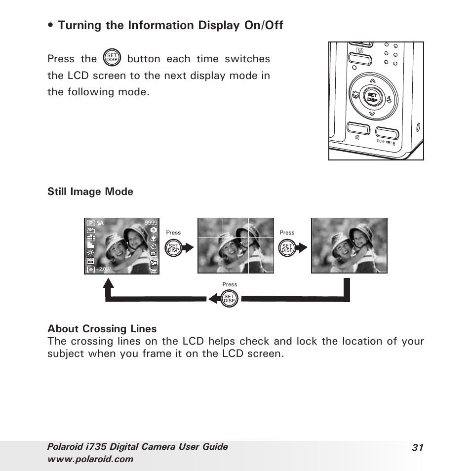 Turning the information display on/off | Polaroid i735 User Manual | Page 31 / 106