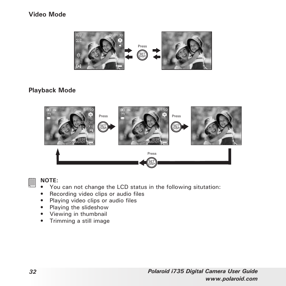 Video mode, Playback mode | Polaroid i735 User Manual | Page 32 / 106