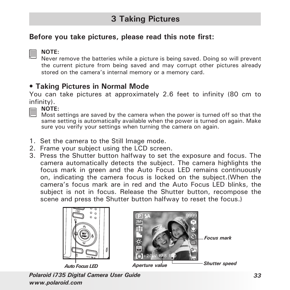 3 taking pictures, Taking pictures in normal mode | Polaroid i735 User Manual | Page 33 / 106