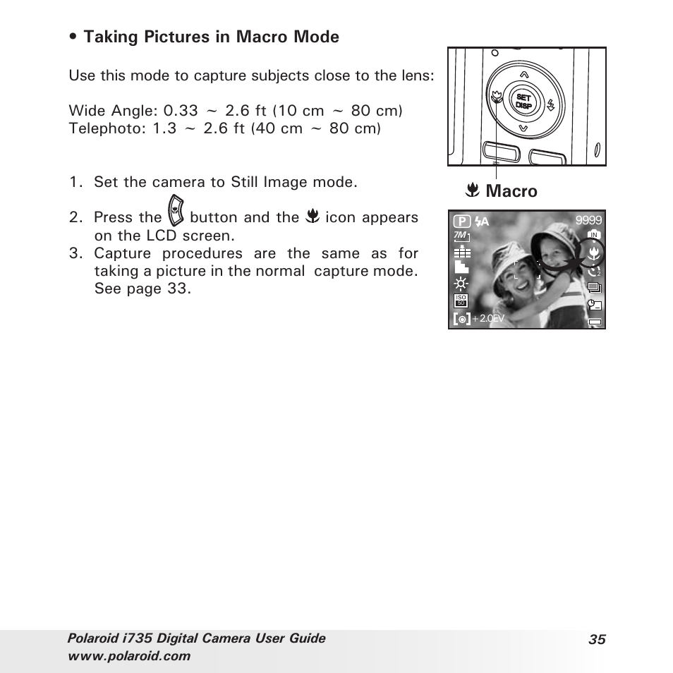Taking pictures in macro mode, Macro | Polaroid i735 User Manual | Page 35 / 106