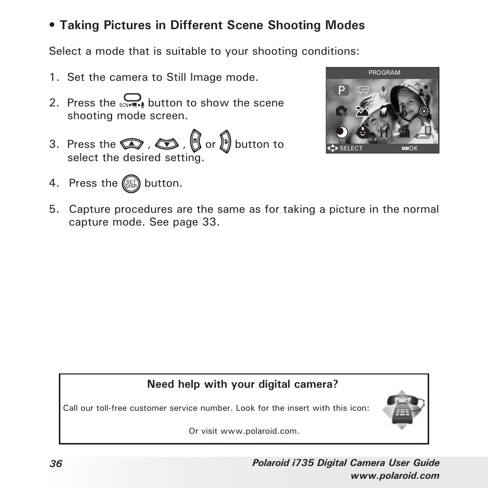 Taking pictures in different scene shooting modes | Polaroid i735 User Manual | Page 36 / 106