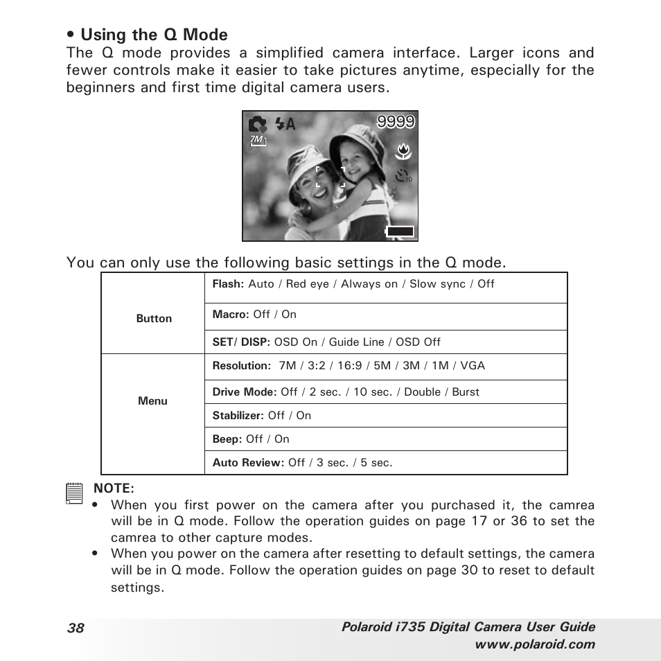 Using the q mode | Polaroid i735 User Manual | Page 38 / 106