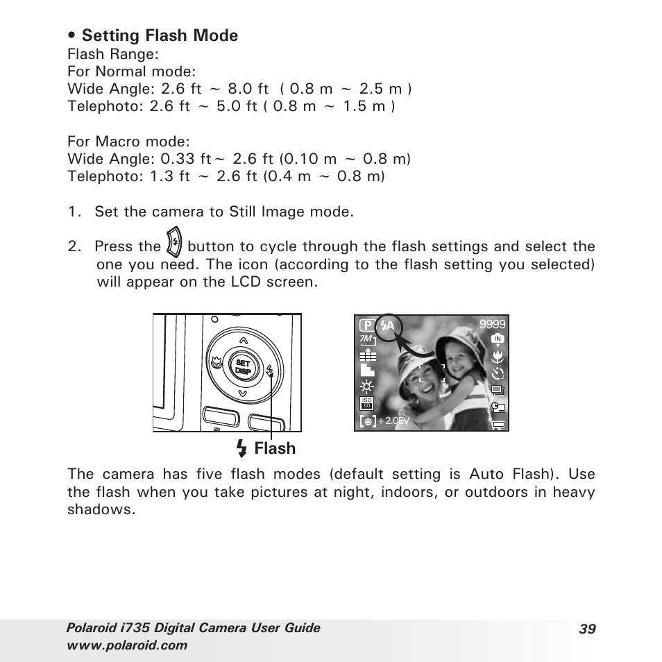Setting flash mode, Flash | Polaroid i735 User Manual | Page 39 / 106