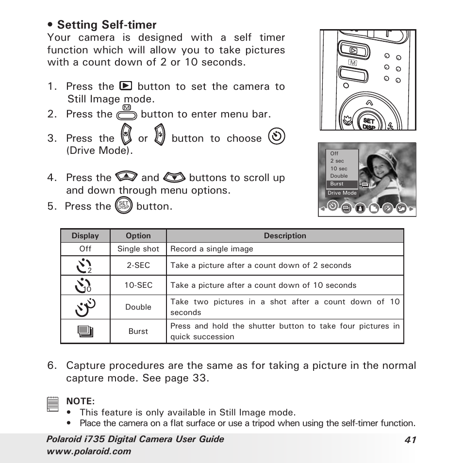 Setting self-timer | Polaroid i735 User Manual | Page 41 / 106
