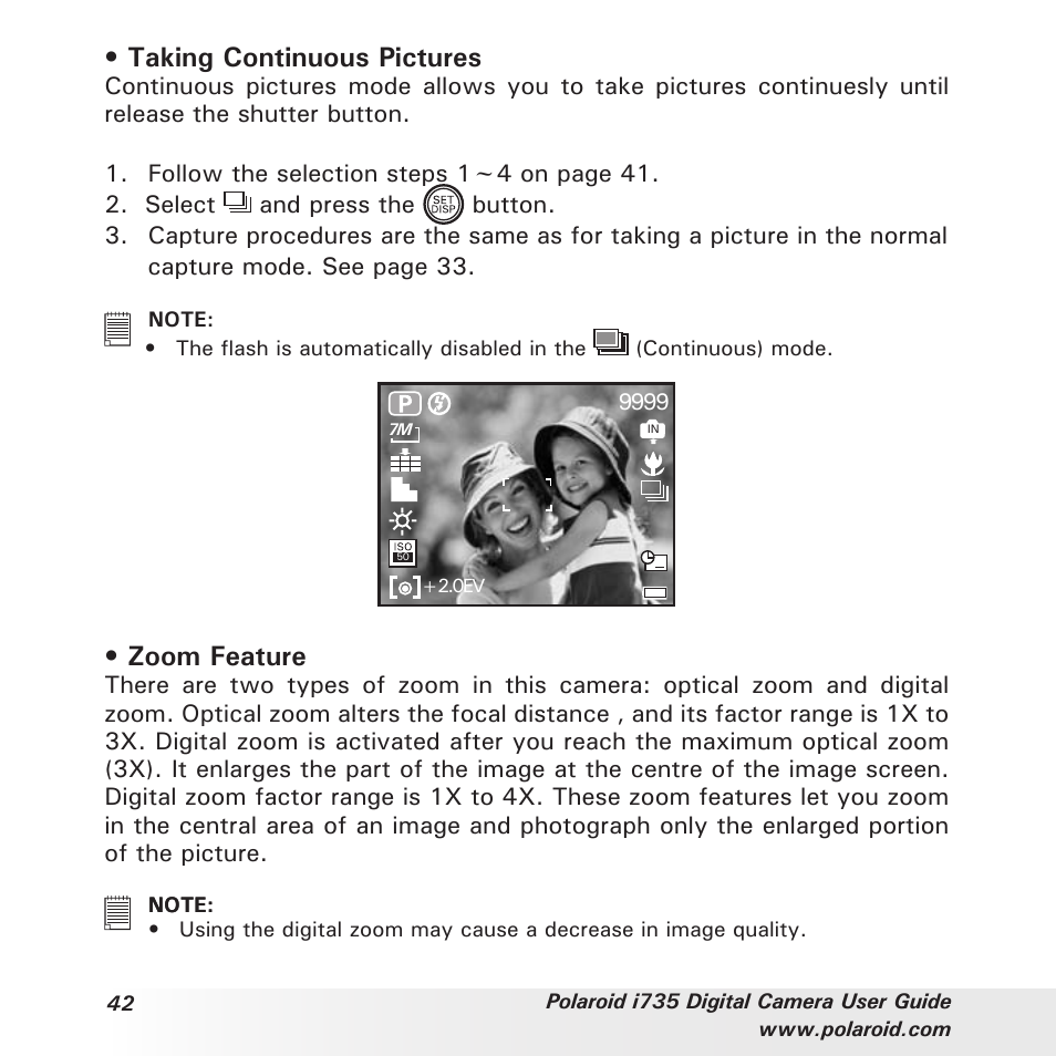 Taking continuous pictures, Zoom feature | Polaroid i735 User Manual | Page 42 / 106