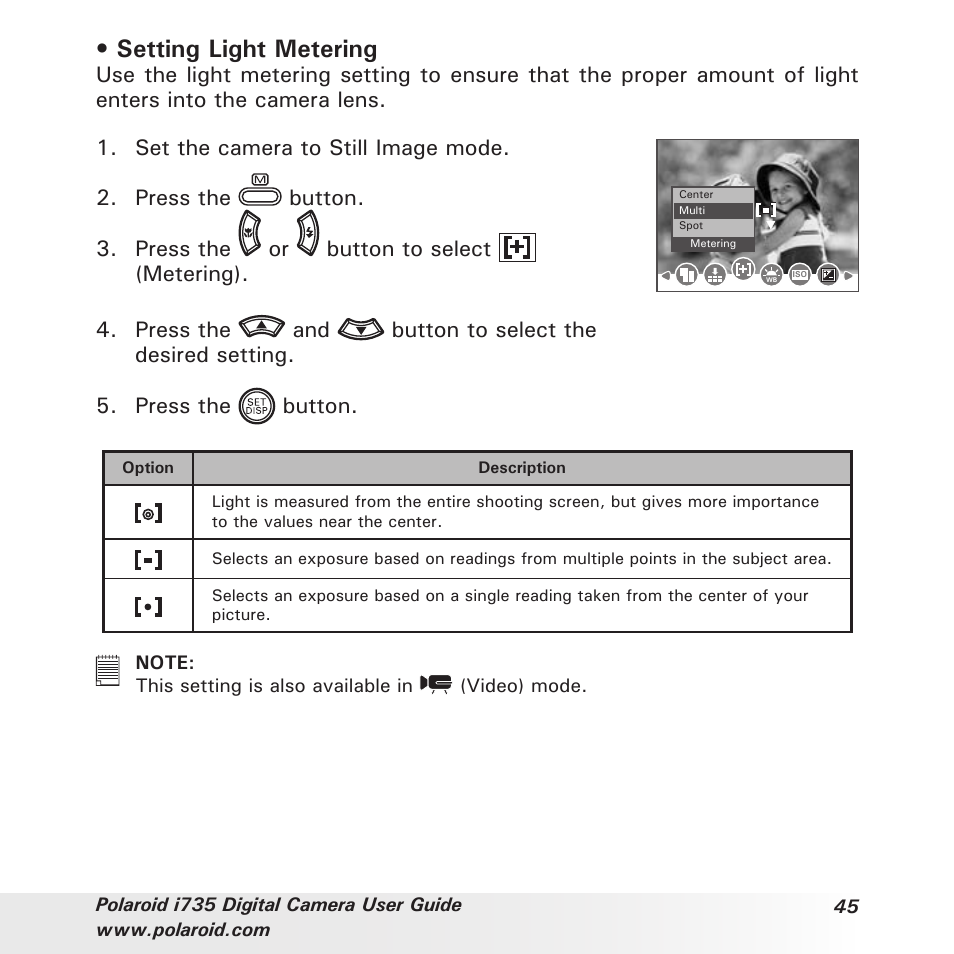 Setting light metering | Polaroid i735 User Manual | Page 45 / 106