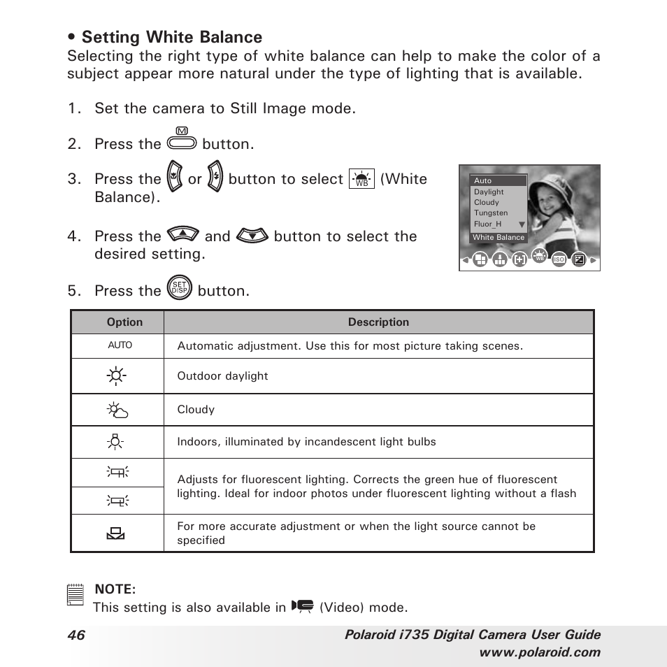 Setting white balance, White balance) | Polaroid i735 User Manual | Page 46 / 106