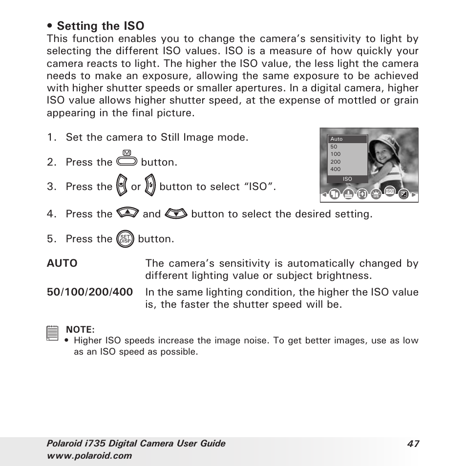 Setting the iso | Polaroid i735 User Manual | Page 47 / 106