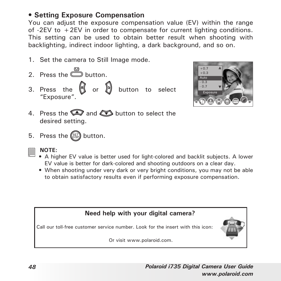 Setting exposure compensation | Polaroid i735 User Manual | Page 48 / 106