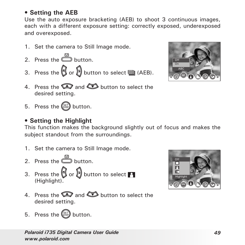 Setting the aeb, Setting the highlight | Polaroid i735 User Manual | Page 49 / 106