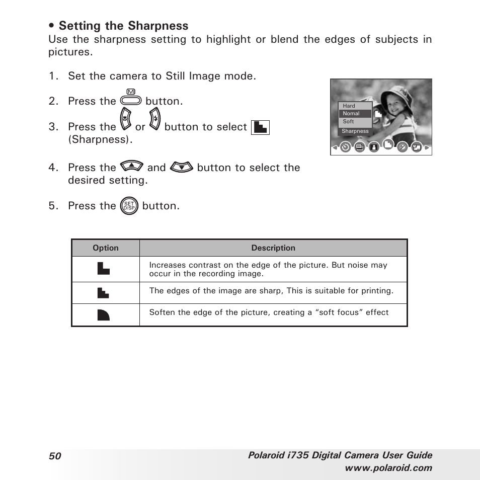 Setting the sharpness | Polaroid i735 User Manual | Page 50 / 106