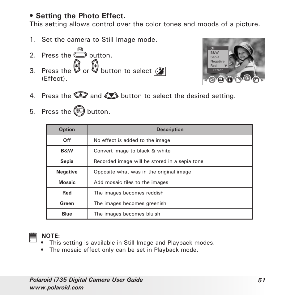Setting the photo effect | Polaroid i735 User Manual | Page 51 / 106