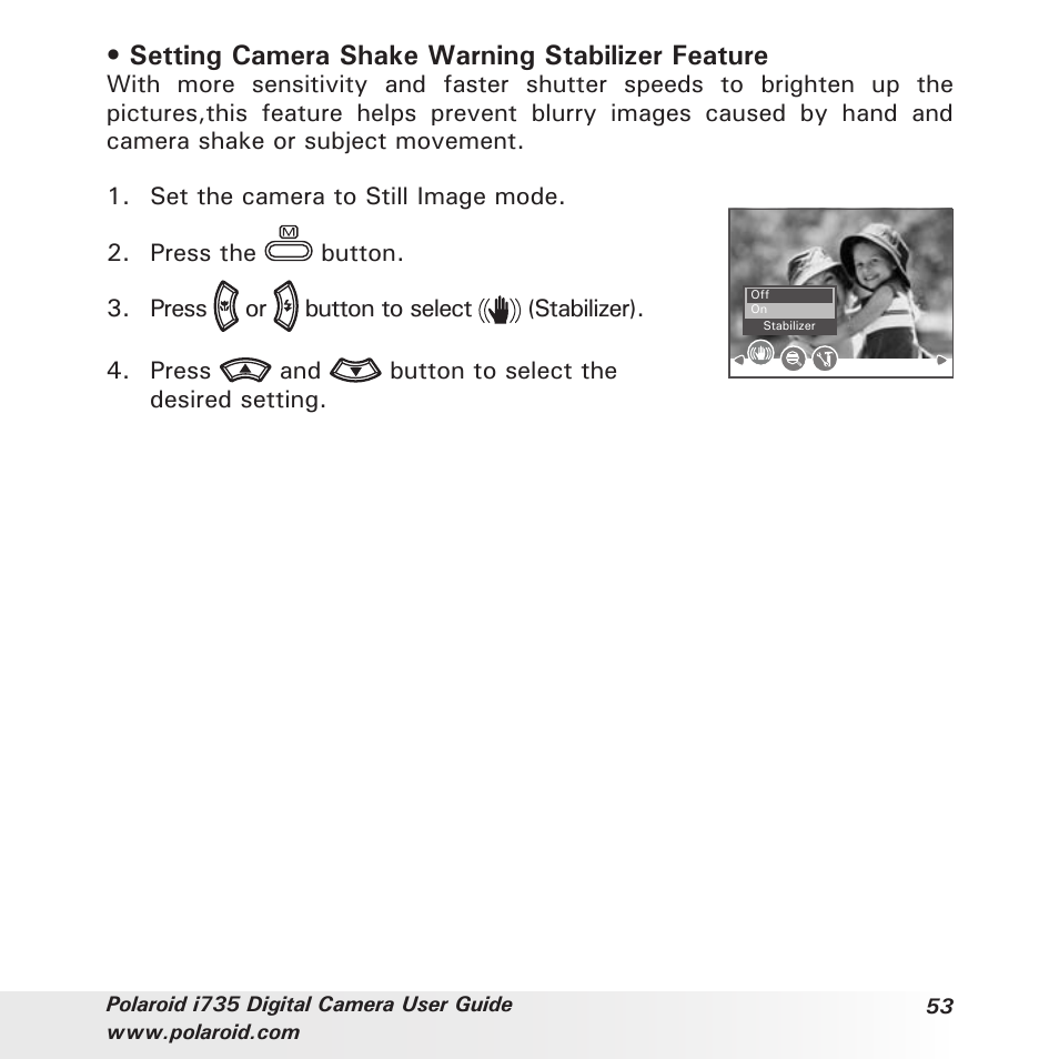 Setting camera shake warning stabilizer feature | Polaroid i735 User Manual | Page 53 / 106