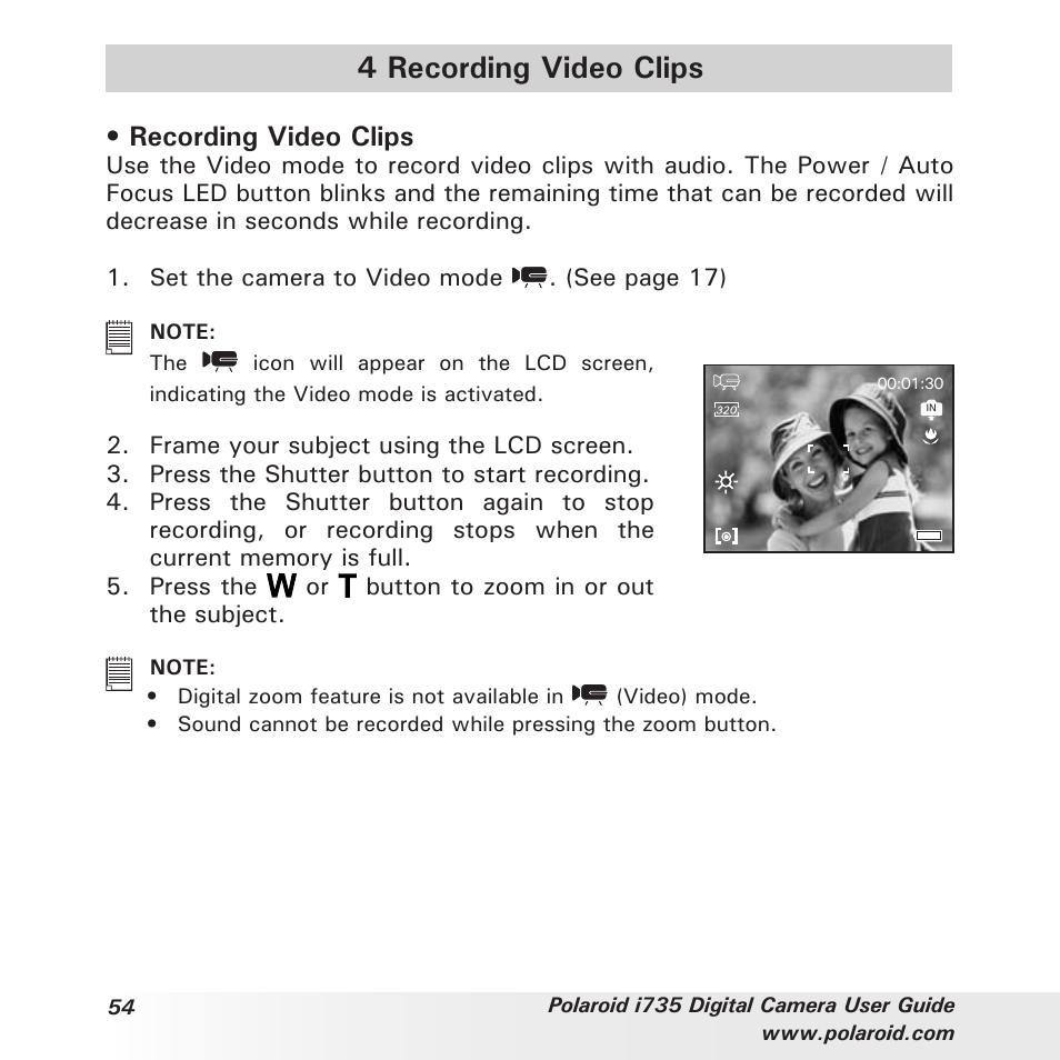 4 recording video clips, Recording video clips | Polaroid i735 User Manual | Page 54 / 106