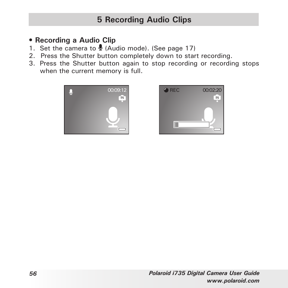 5 recording audio clips, Recording a audio clip | Polaroid i735 User Manual | Page 56 / 106