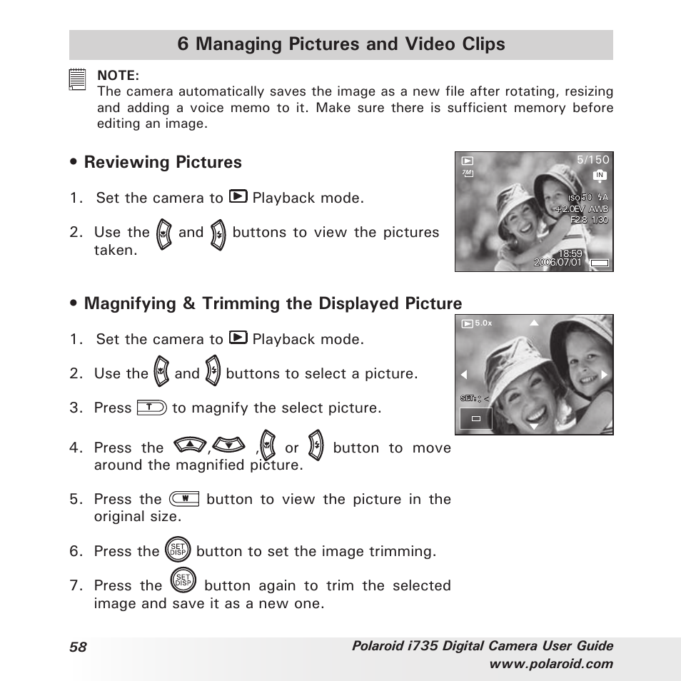 6 managing pictures and video clips, Reviewing pictures, Magnifying & trimming the displayed picture | Polaroid i735 User Manual | Page 58 / 106