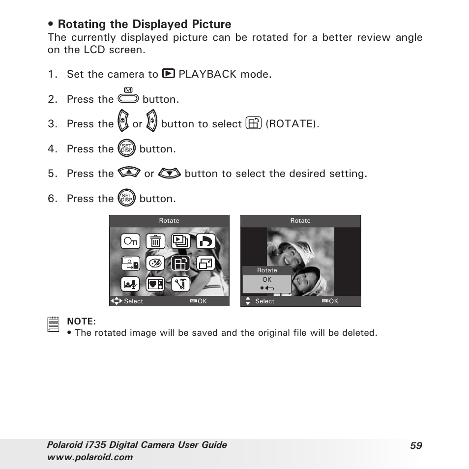 Rotating the displayed picture | Polaroid i735 User Manual | Page 59 / 106