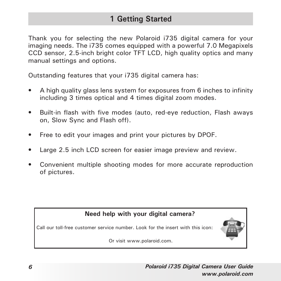 1 getting started | Polaroid i735 User Manual | Page 6 / 106