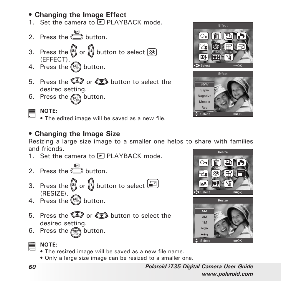 Changing the image effect, Changing the image size | Polaroid i735 User Manual | Page 60 / 106