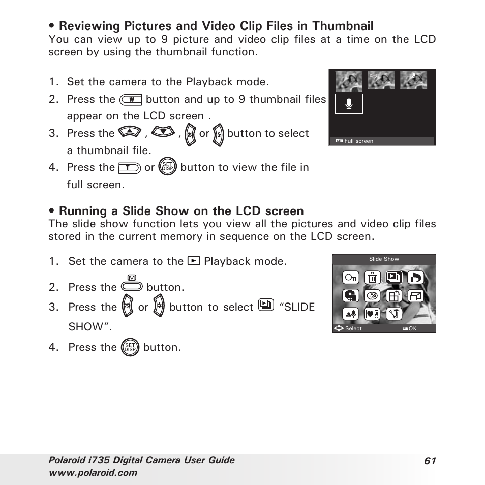 Running a slide show on the lcd screen | Polaroid i735 User Manual | Page 61 / 106