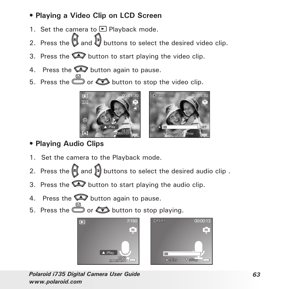 Playing a video clip on lcd screen, Playing audio clips | Polaroid i735 User Manual | Page 63 / 106