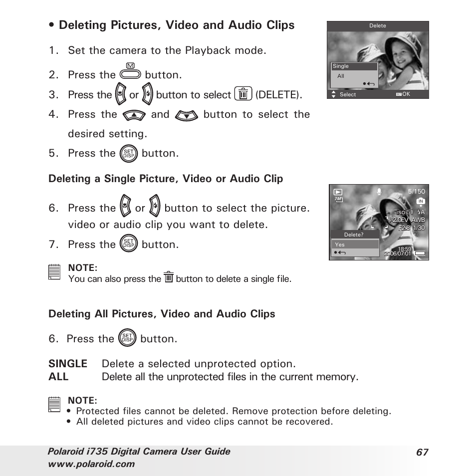 Deleting pictures, video and audio clips, Set the camera to the playback mode | Polaroid i735 User Manual | Page 67 / 106