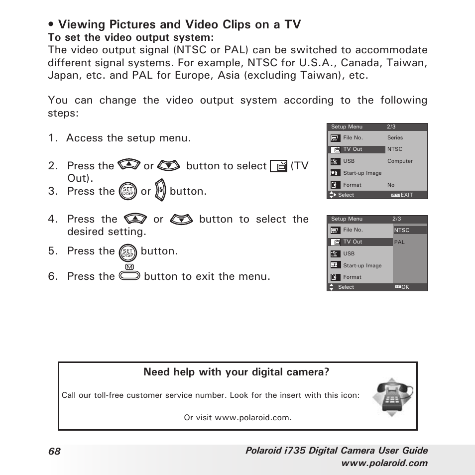 Viewing pictures and video clips on a tv | Polaroid i735 User Manual | Page 68 / 106