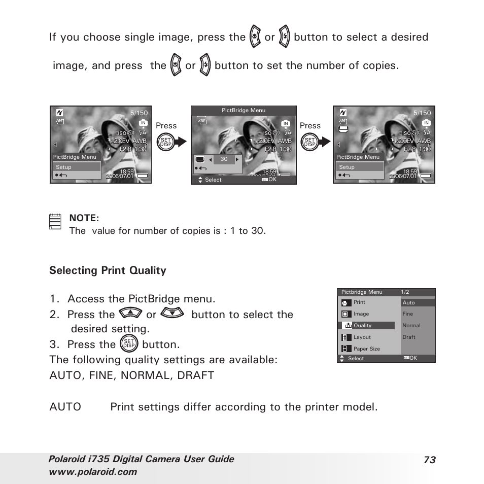 Selecting print quality | Polaroid i735 User Manual | Page 73 / 106