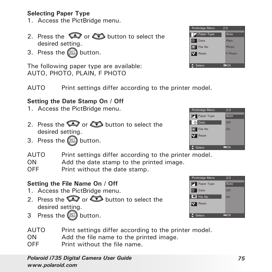 Selecting paper type 1. access the pictbridge menu | Polaroid i735 User Manual | Page 75 / 106