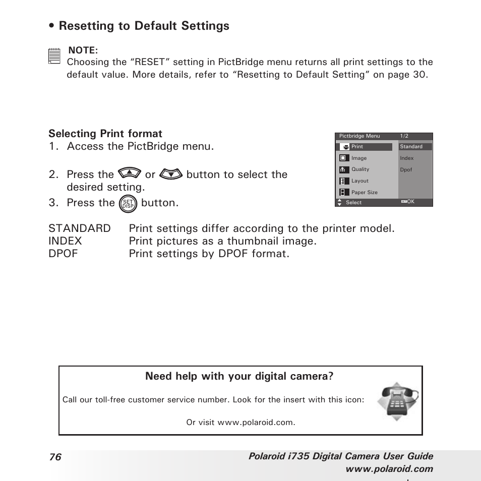 Resetting to default settings | Polaroid i735 User Manual | Page 76 / 106