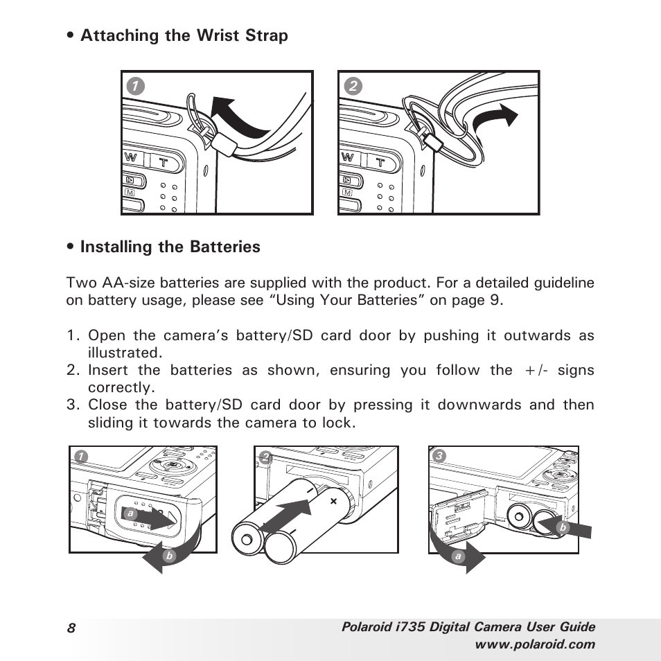 Attaching the wrist strap, Installing the batteries | Polaroid i735 User Manual | Page 8 / 106