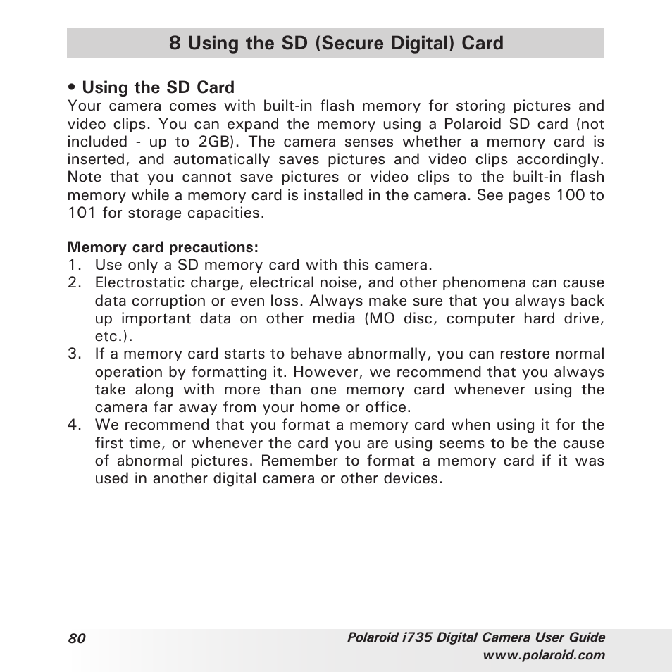 8 using the sd (secure digital) card | Polaroid i735 User Manual | Page 80 / 106