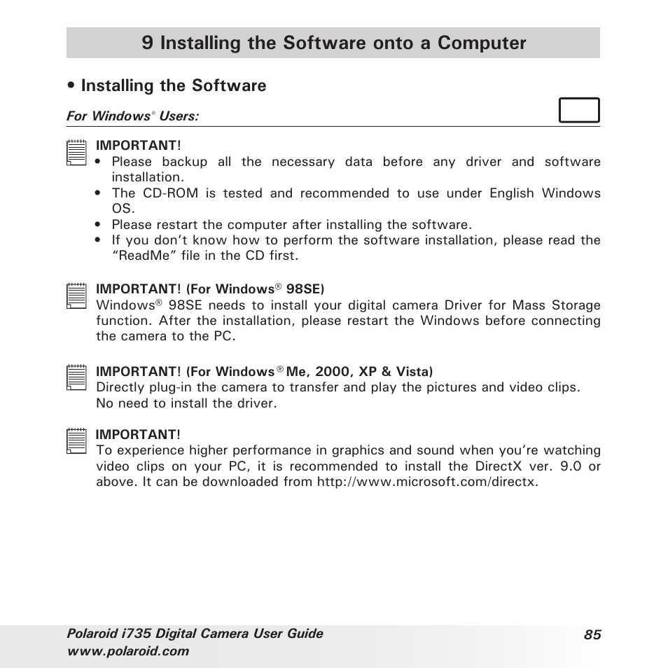 9 installing the software onto a computer, Installing the software | Polaroid i735 User Manual | Page 85 / 106