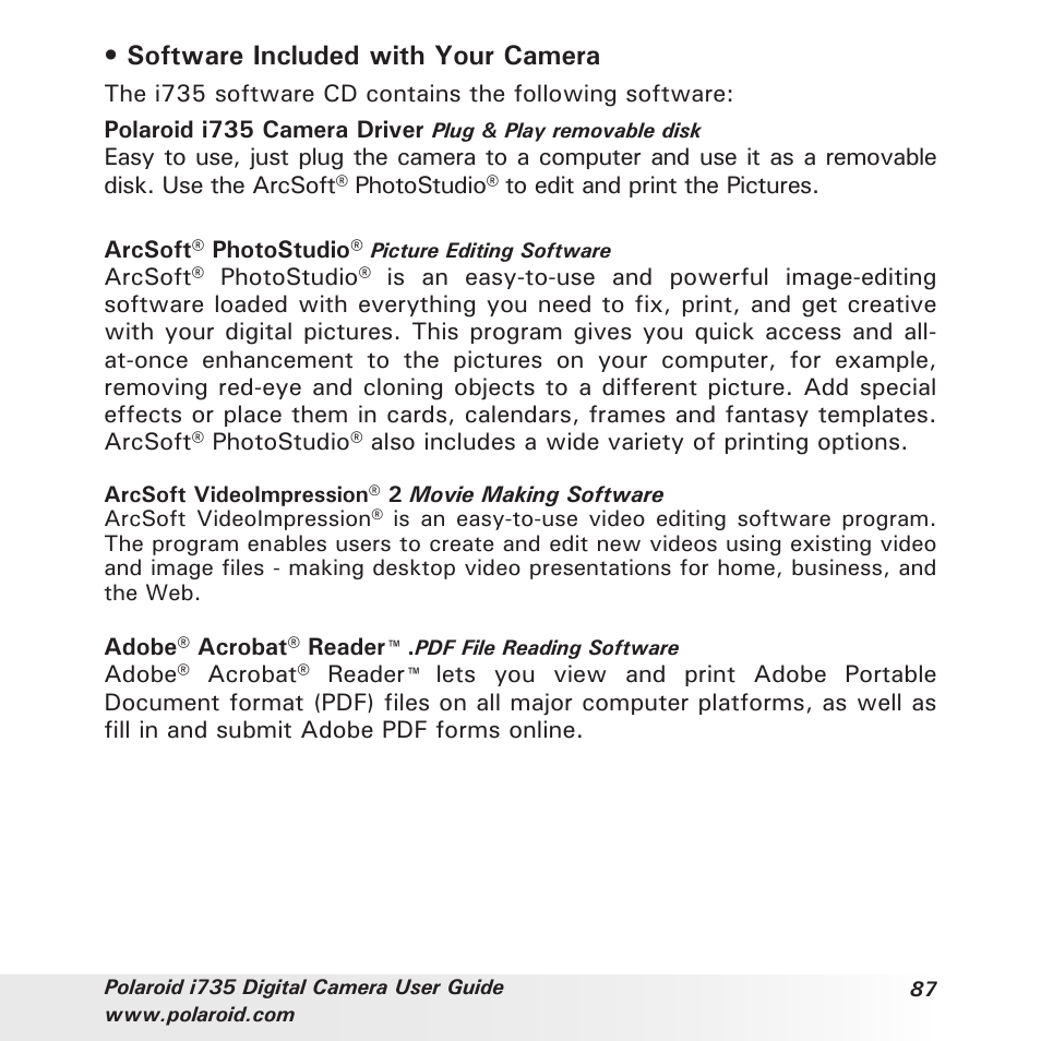 Software included with your camera | Polaroid i735 User Manual | Page 87 / 106