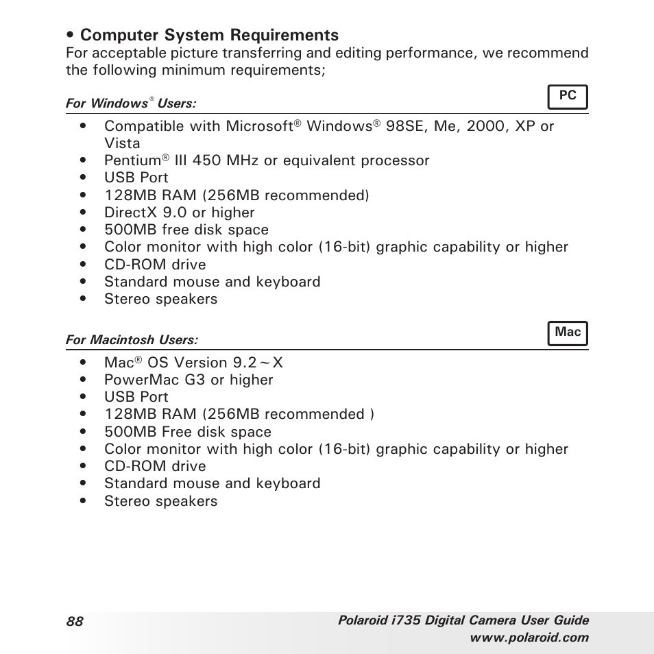 Computer system requirements | Polaroid i735 User Manual | Page 88 / 106