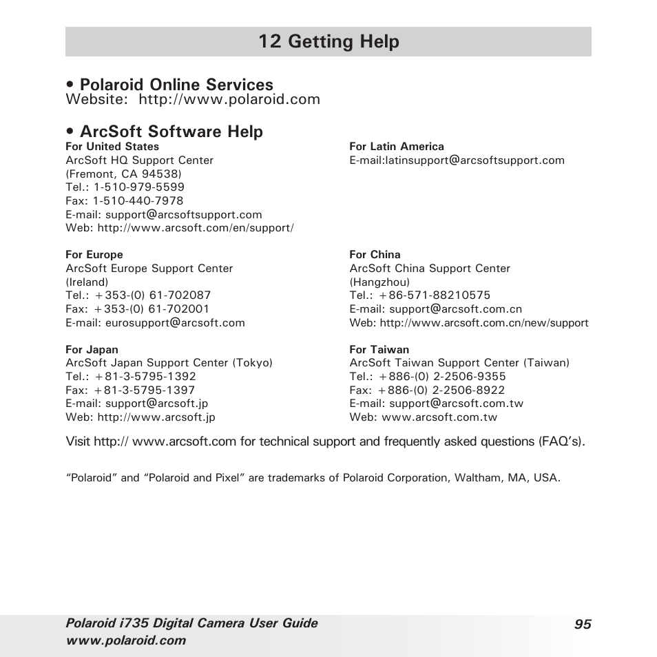 12 getting help, Polaroid online services, Arcsoft software help | Polaroid i735 User Manual | Page 95 / 106