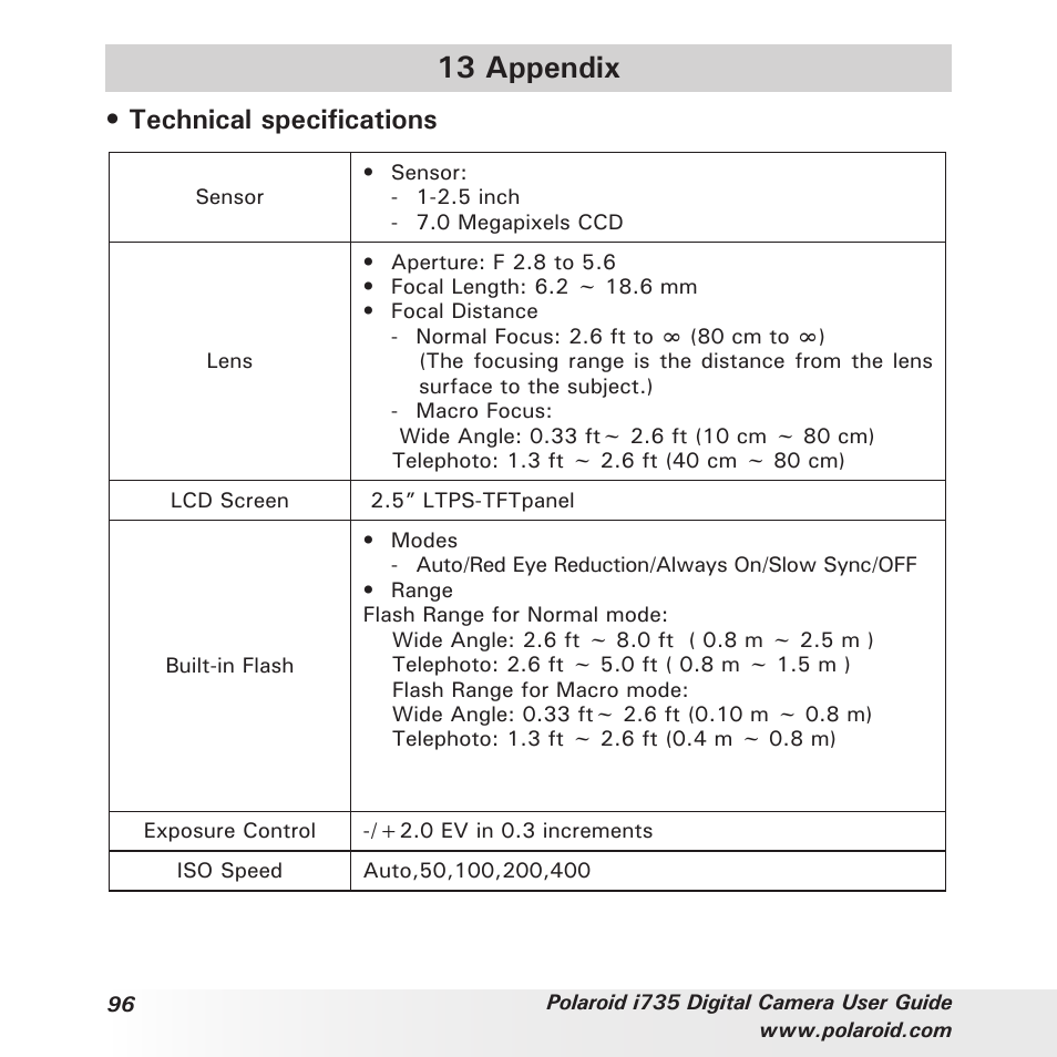 13 appendix, Technical specifications | Polaroid i735 User Manual | Page 96 / 106