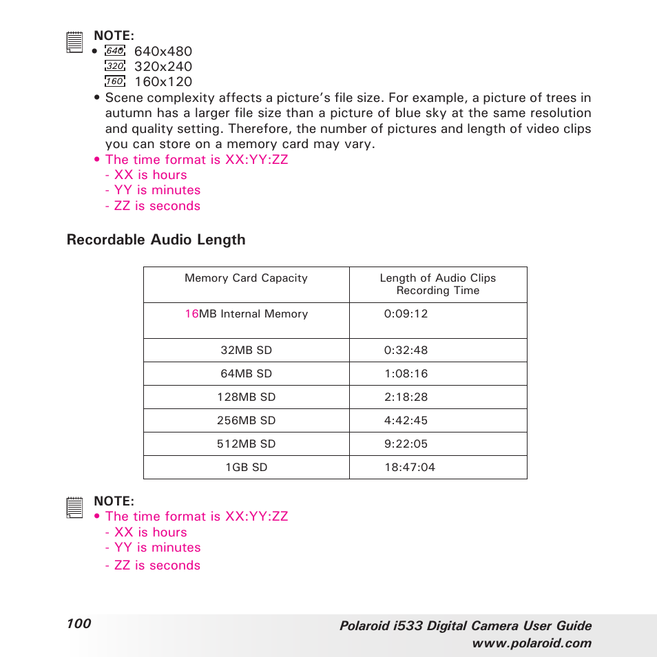 Recordable audio length | Polaroid I533 User Manual | Page 100 / 105