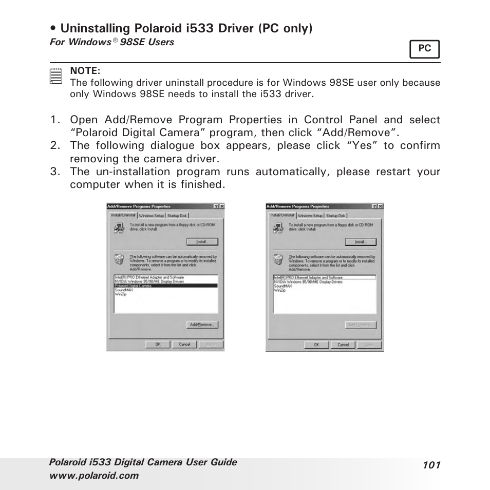 Uninstalling polaroid i533 driver (pc only) | Polaroid I533 User Manual | Page 101 / 105