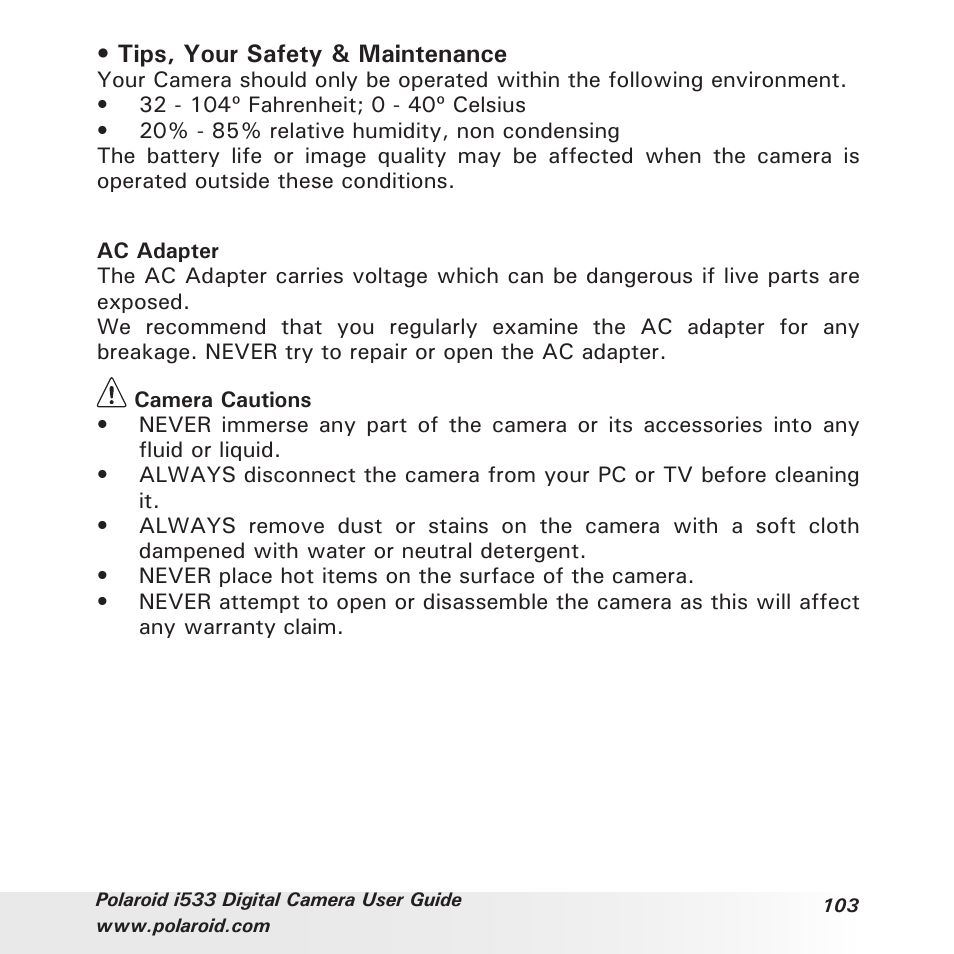 Tips, your safety & maintenance | Polaroid I533 User Manual | Page 103 / 105